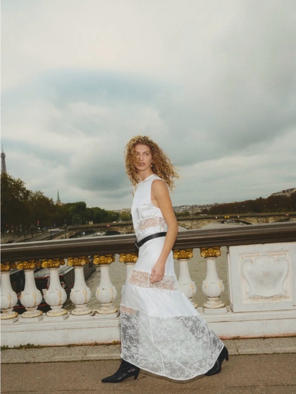 White Lace Maxi Dress with Black Waist Accent